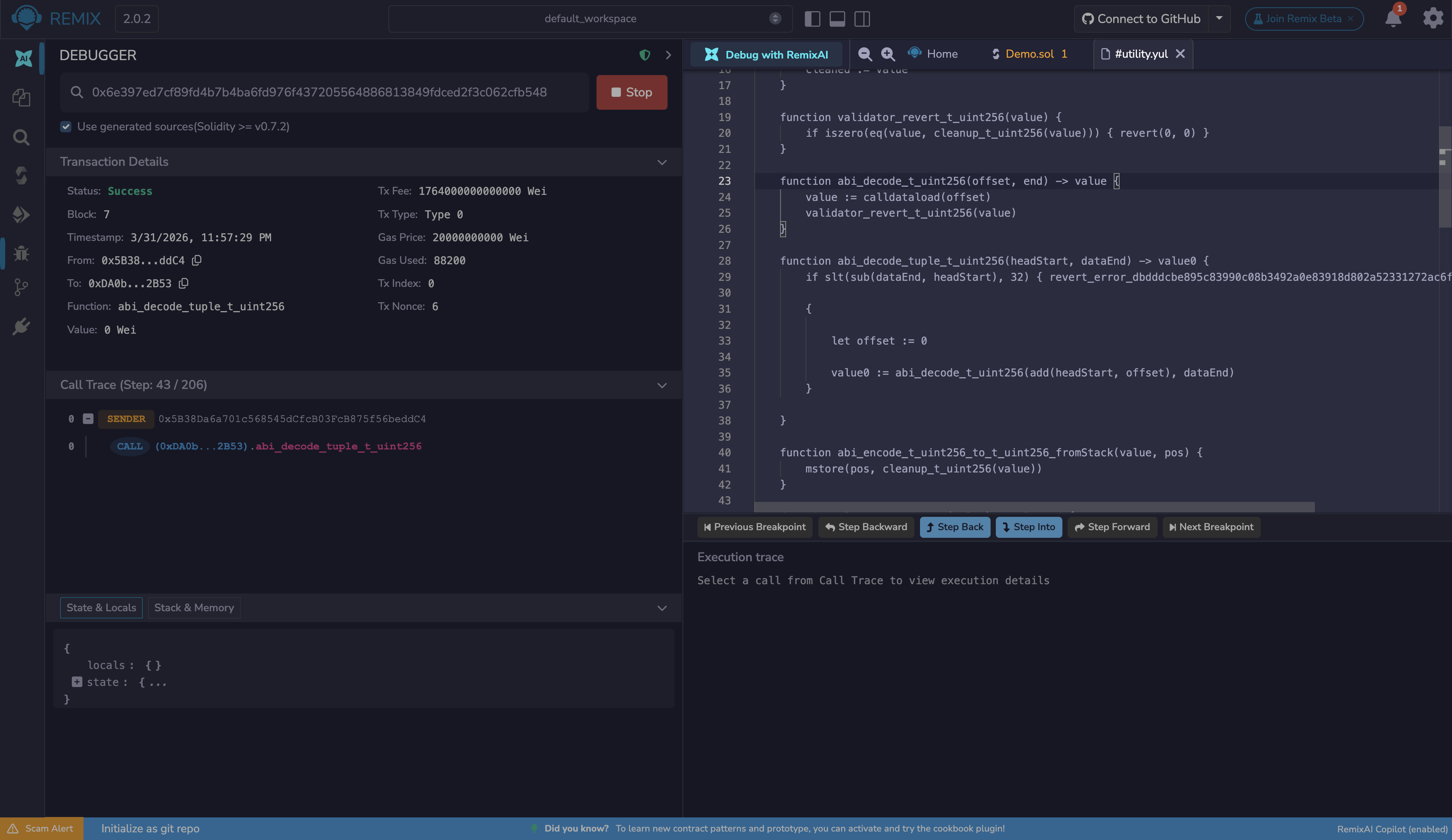 Debugger showing a generated Yul file in the editor with Use generated sources enabled