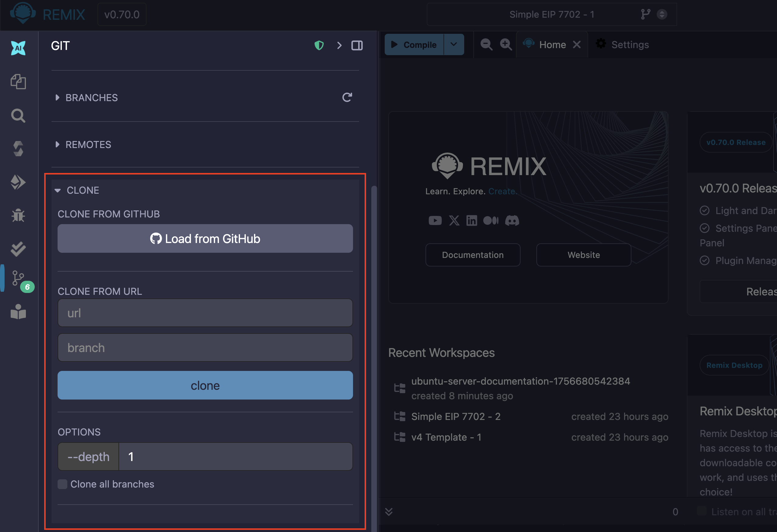 Remix Git plugin clone section.