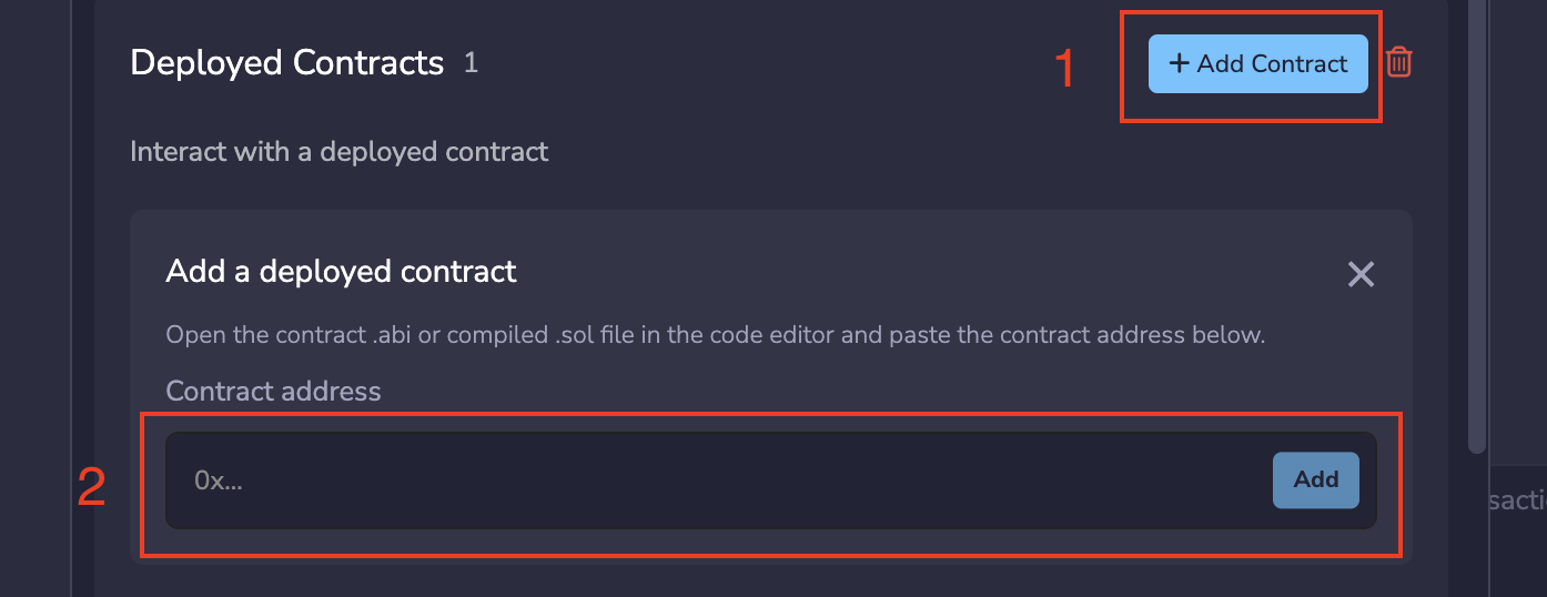 The Deployed Contracts section showing the contract address field and Add button.