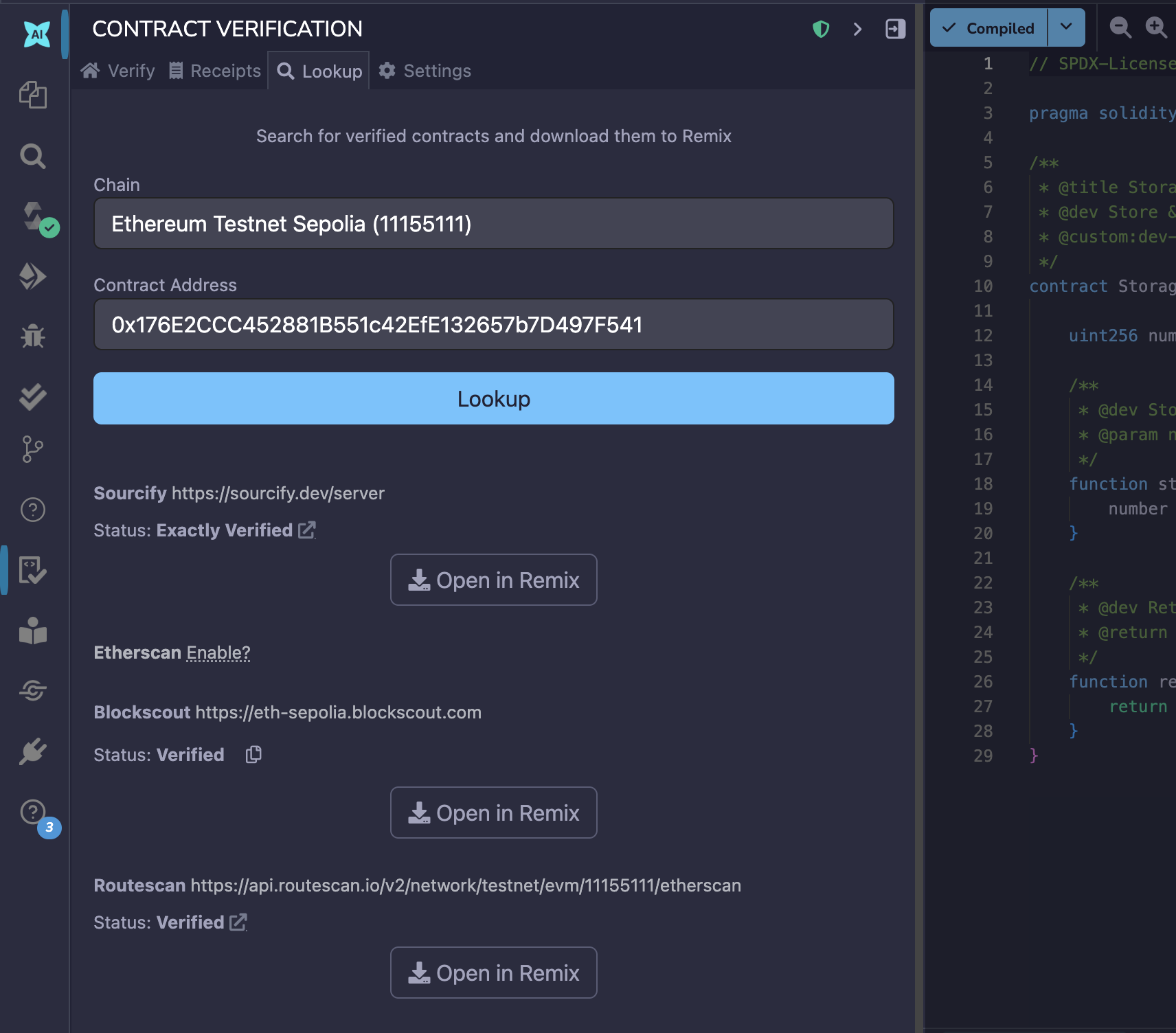 Contract verification lookup page with the Lookup bar highlighted.
