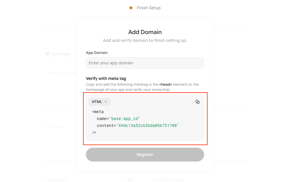 Base App ID meta tag on the Base Developer Portal