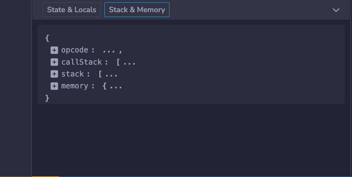 Stack and Memory tab showing low level EVM execution state