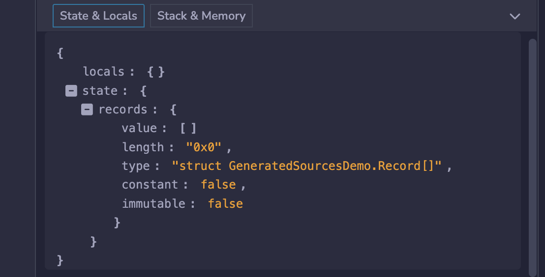 State and Locals tab showing locals and state variables in JSON format