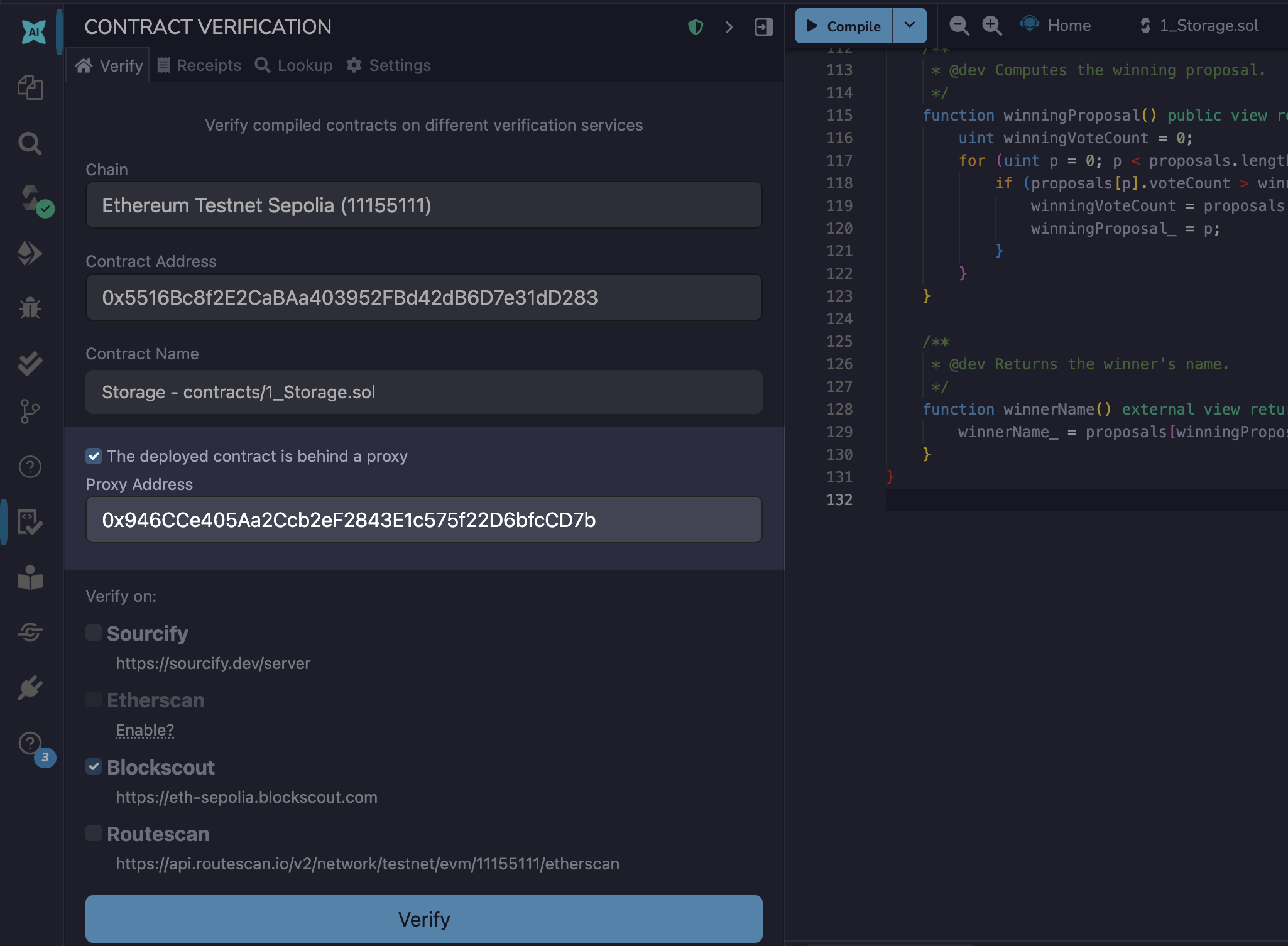 Constructor verify page showing proxy address field.