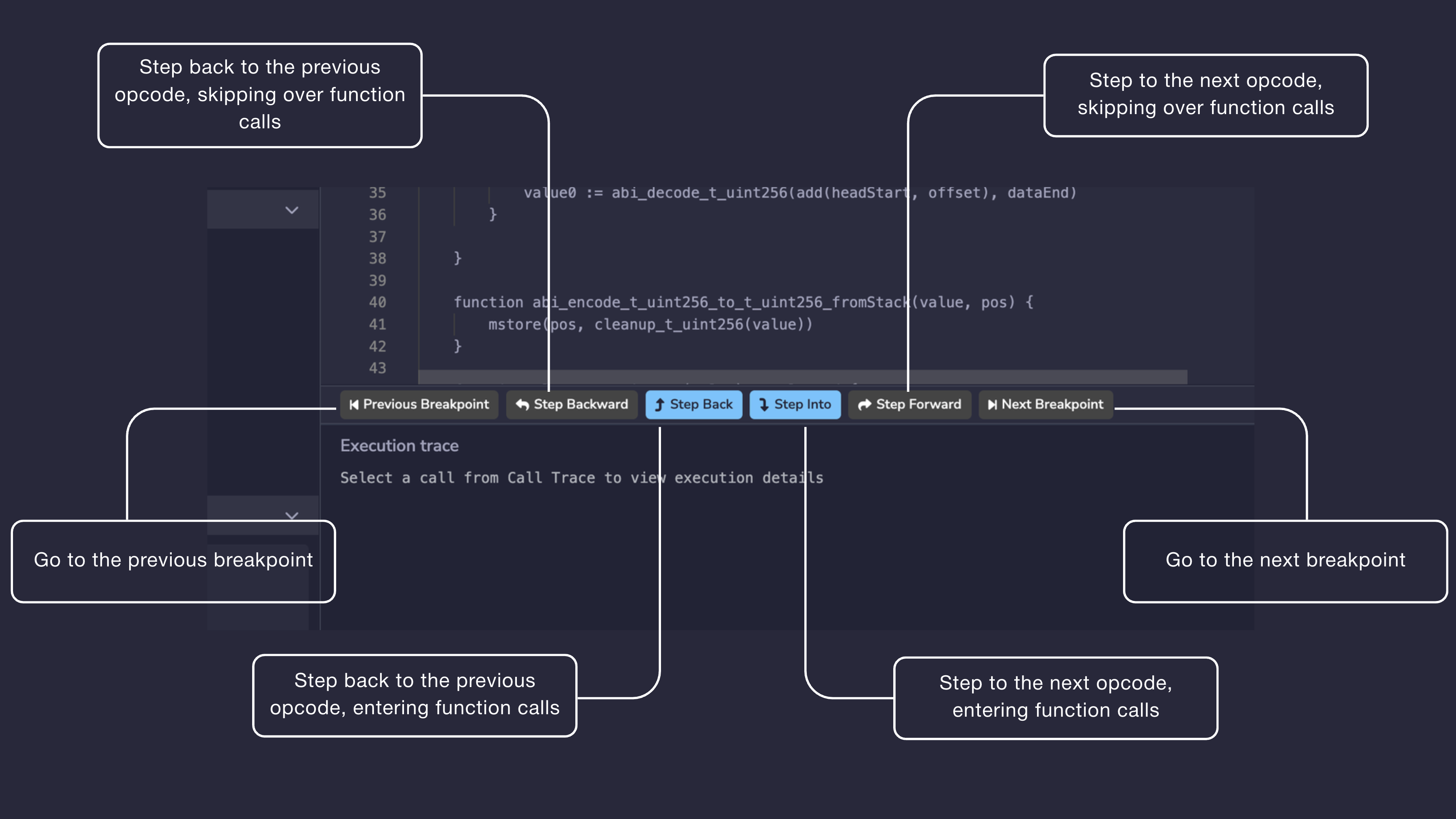Debugger navigation buttons including Step Backward, Step Back, Step Into, Step Forward, and breakpoint controls