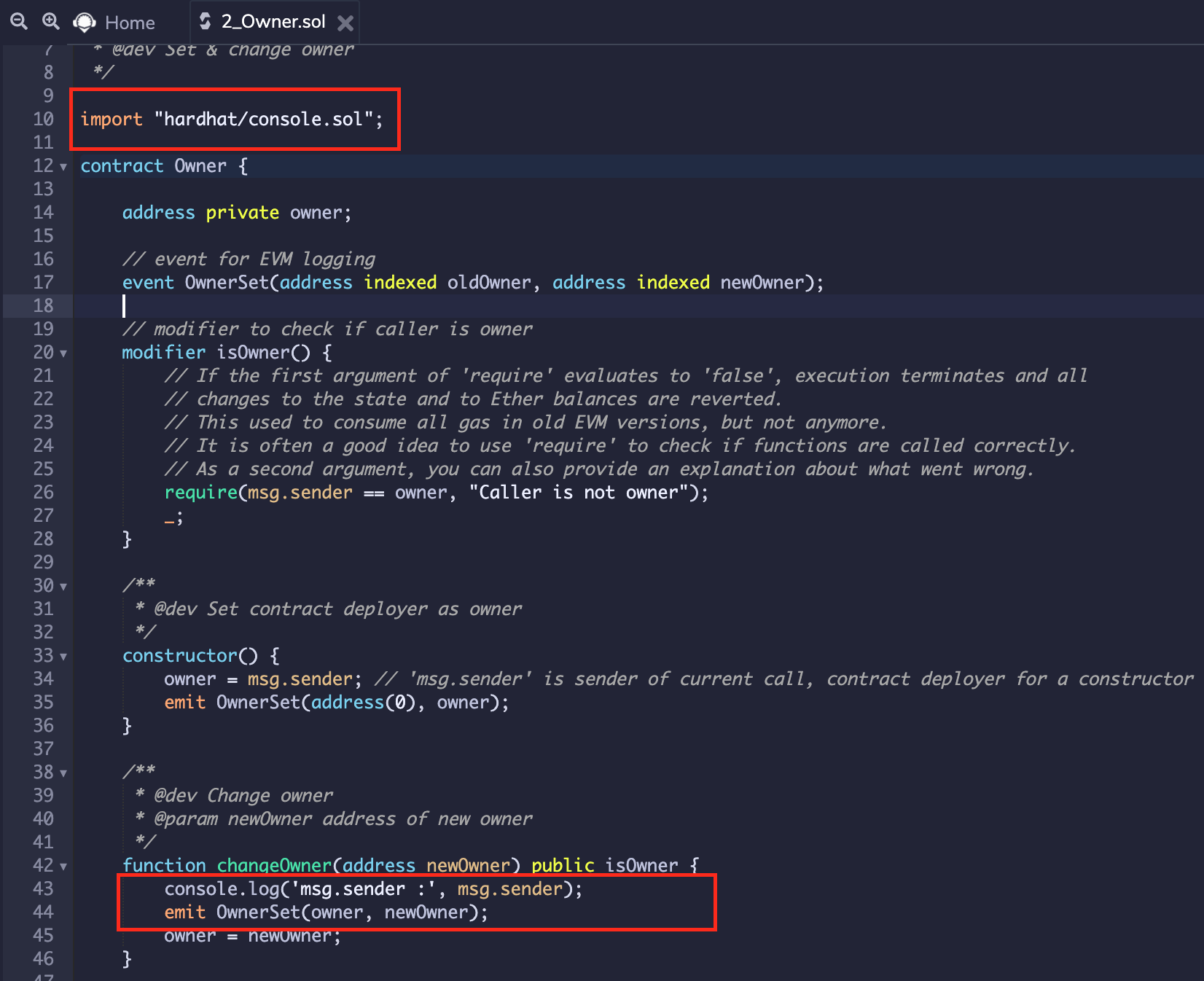 Solidity file with console.log import and usage