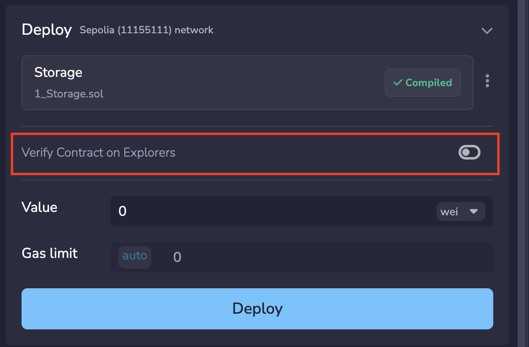 Deploy and Run plugin with the Verify Contract on Explorers checkbox highlighted.
