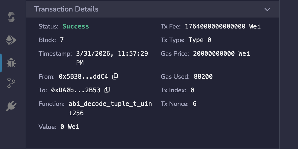 Transaction Details panel showing metadata for a debugged transaction