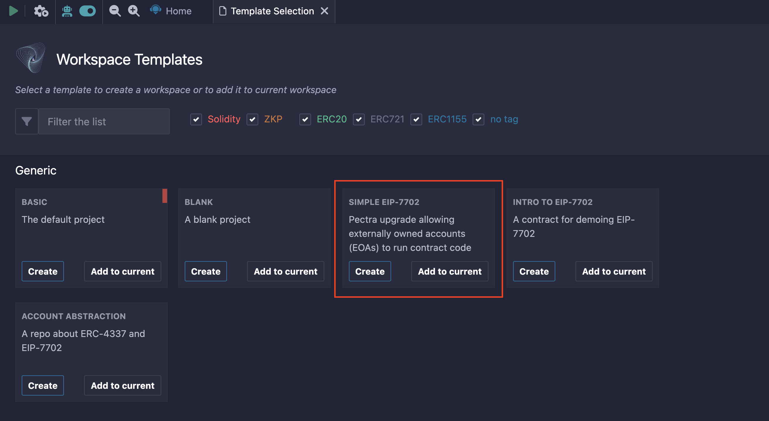 workspace template section highlighting the simple EIP 7702 template.