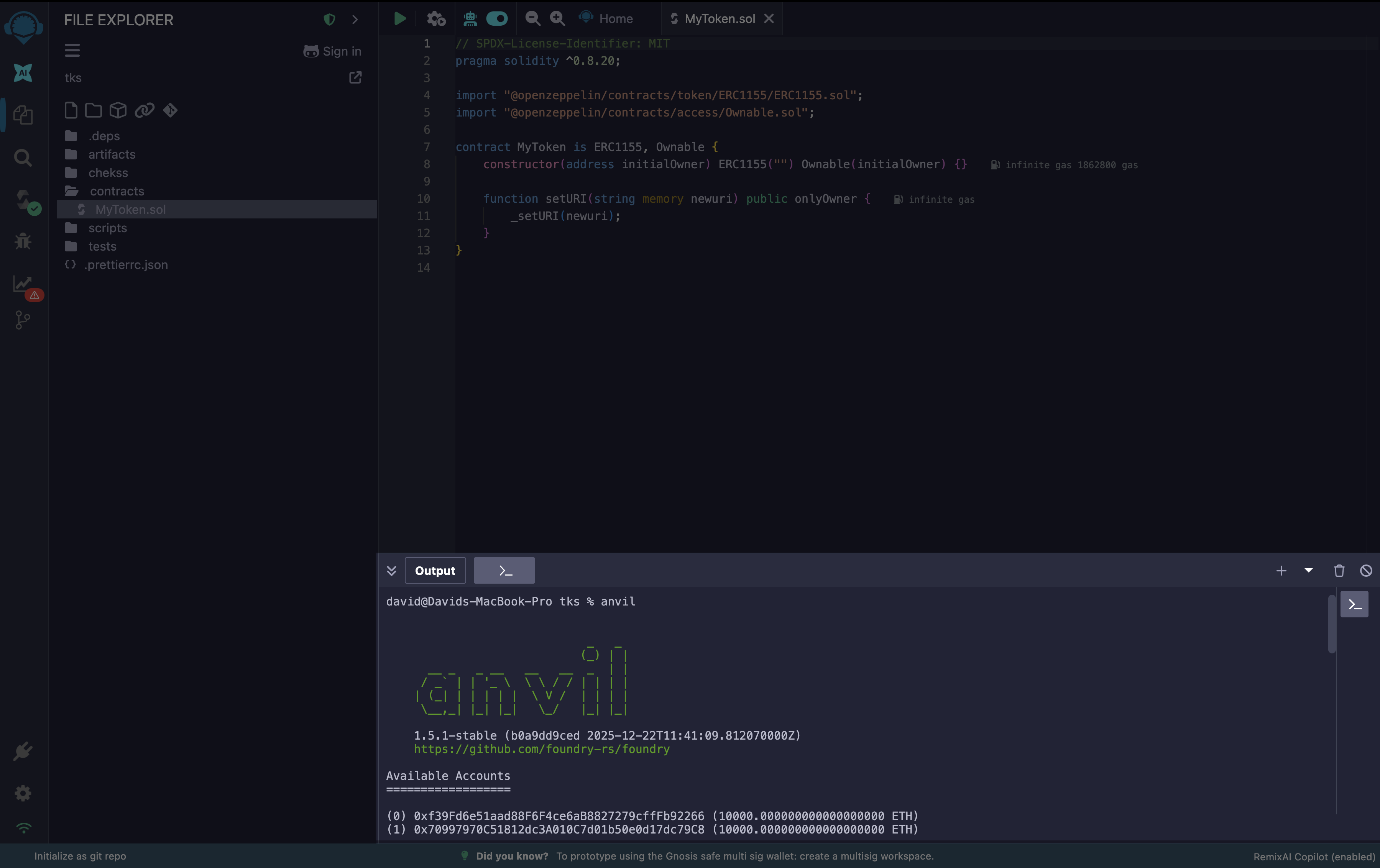 Running the anvil command in the Remix Desktop terminal