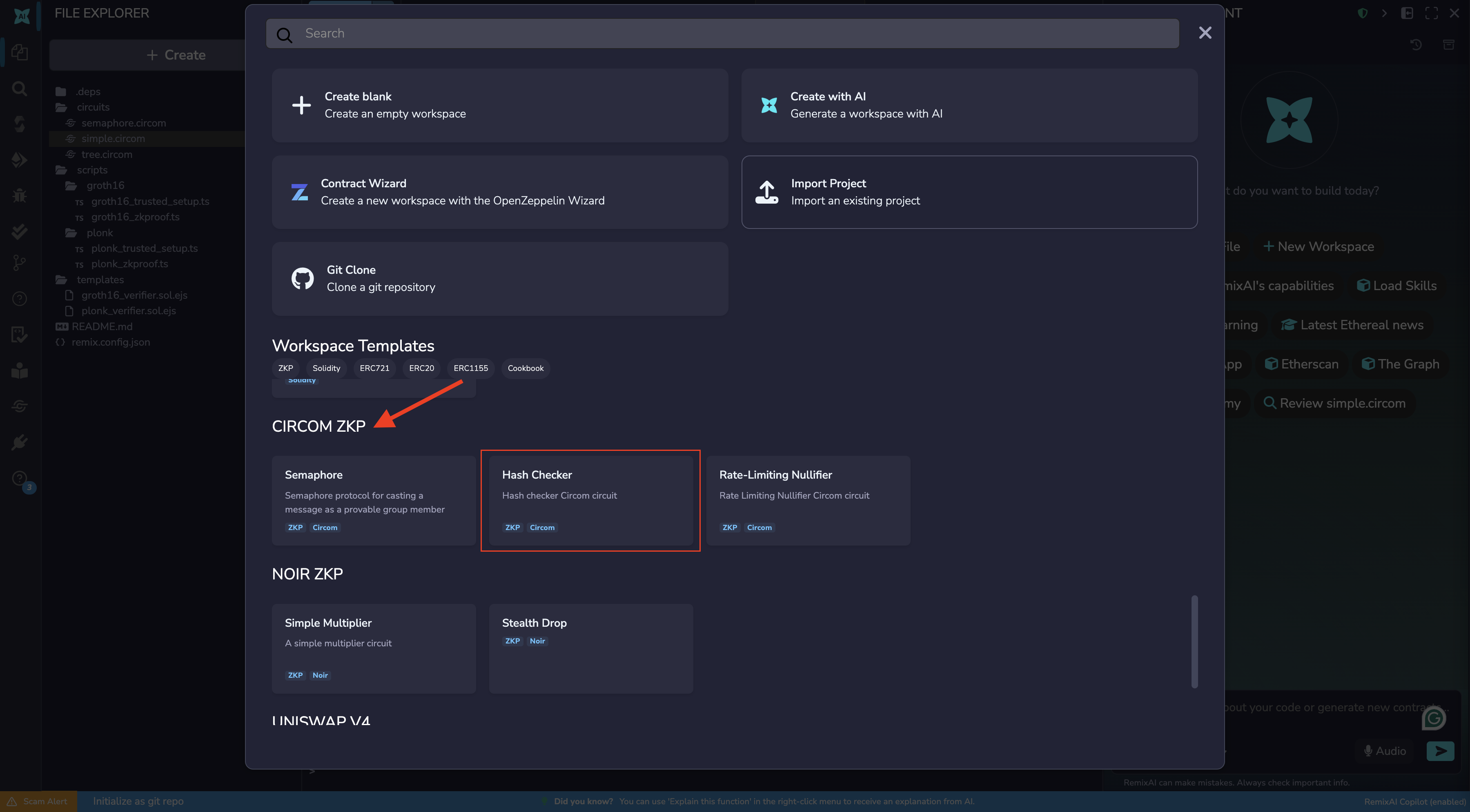 Circom ZKP template selection in the Remix workspace templates modal