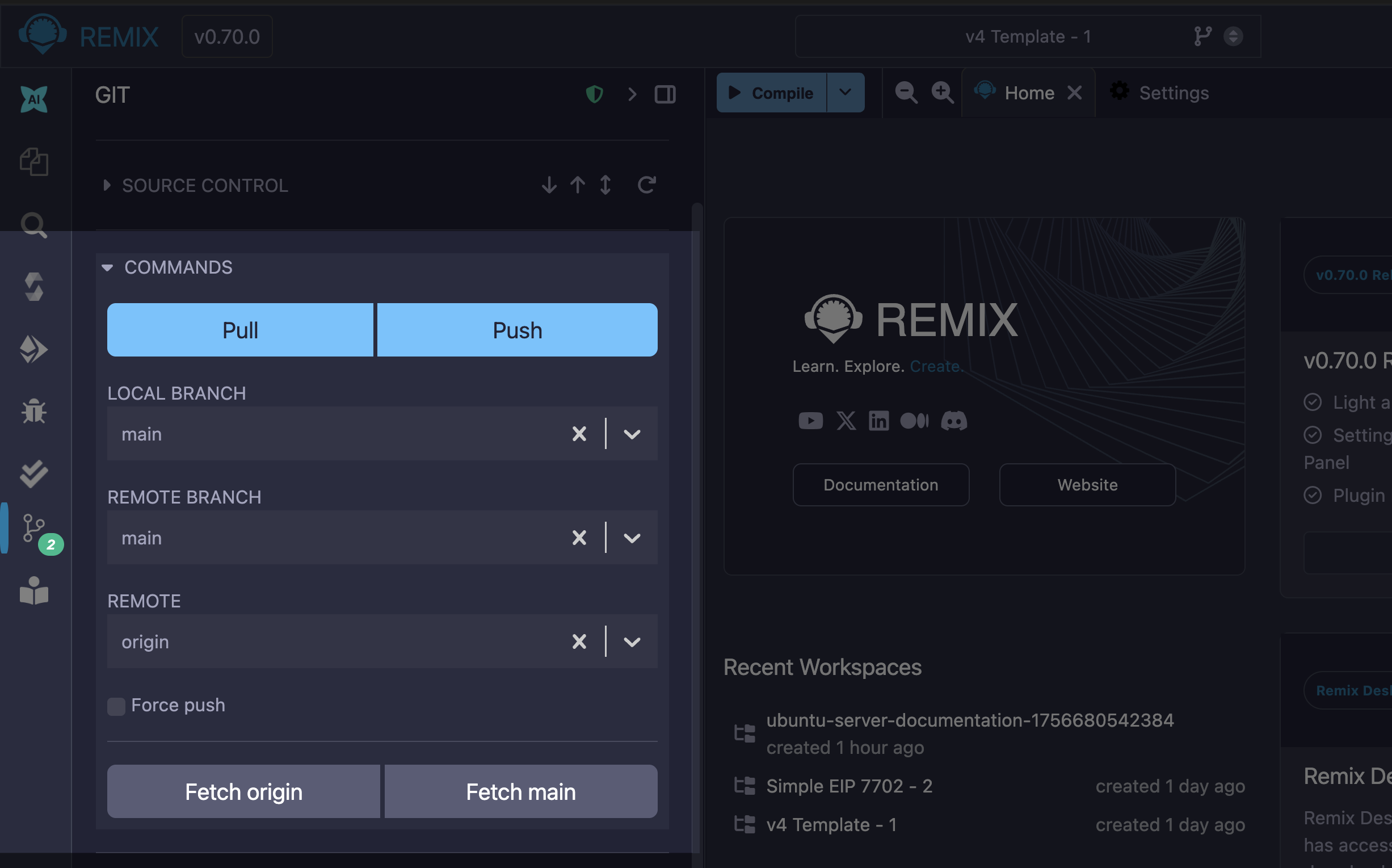 Remix Git plugin showing common Git commands.