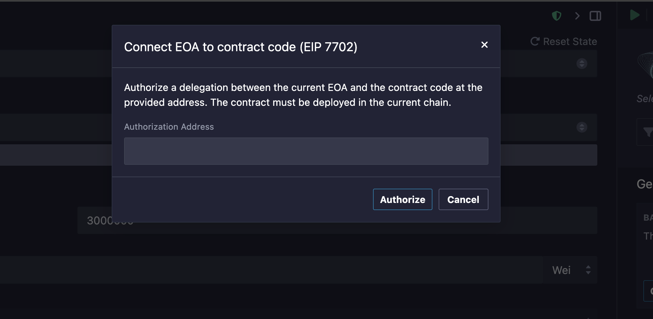 Authorization modal for connecting EOA to EIP 7702 contract code.