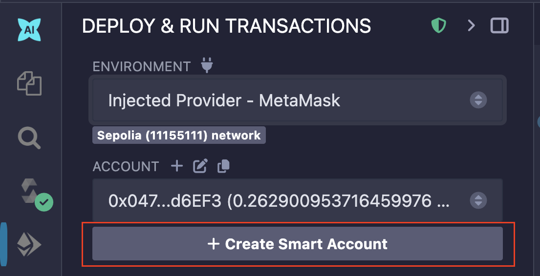 Deploy and run section showing a Create Smart Account button.