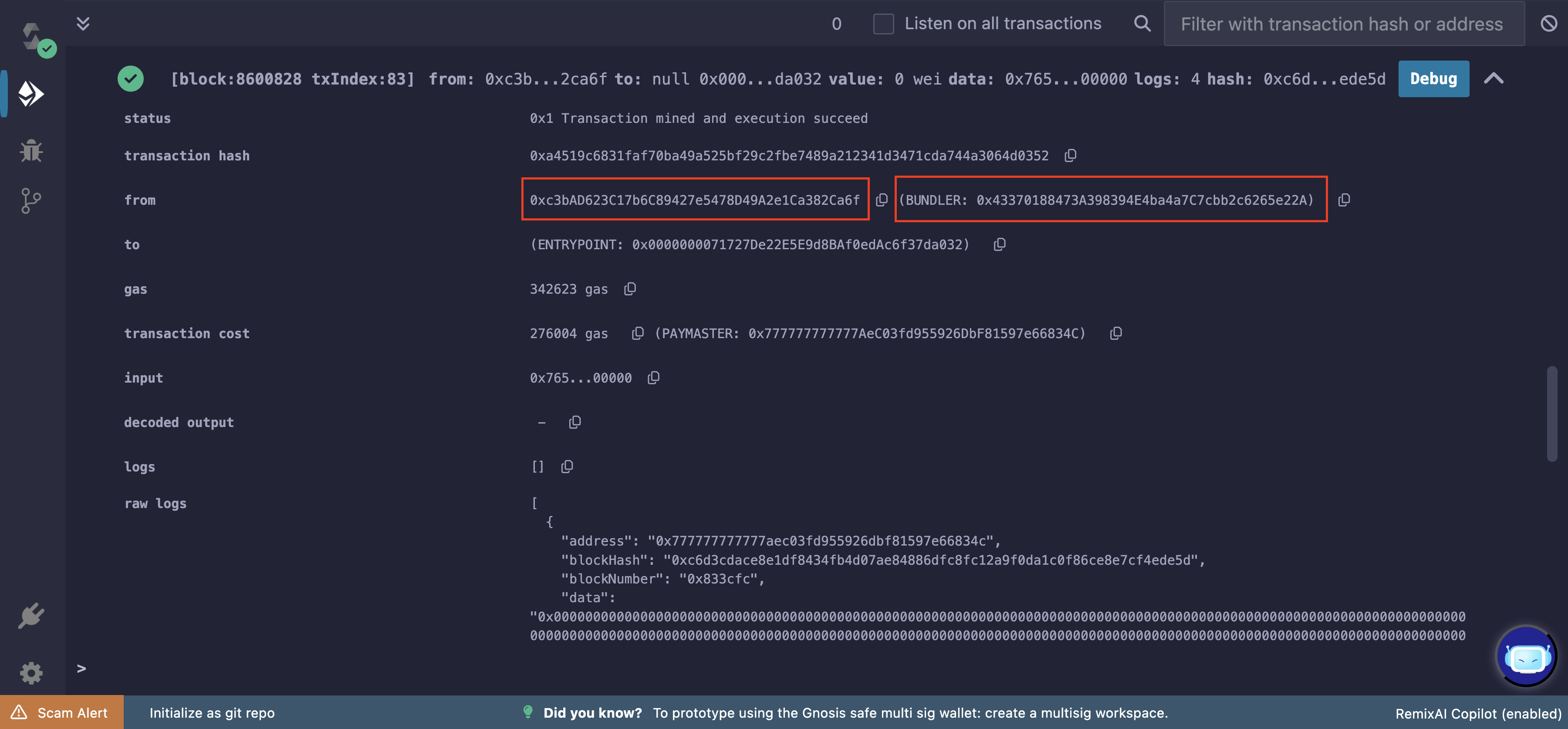 Remix terminal showing the smart contract account and its associated bundler.