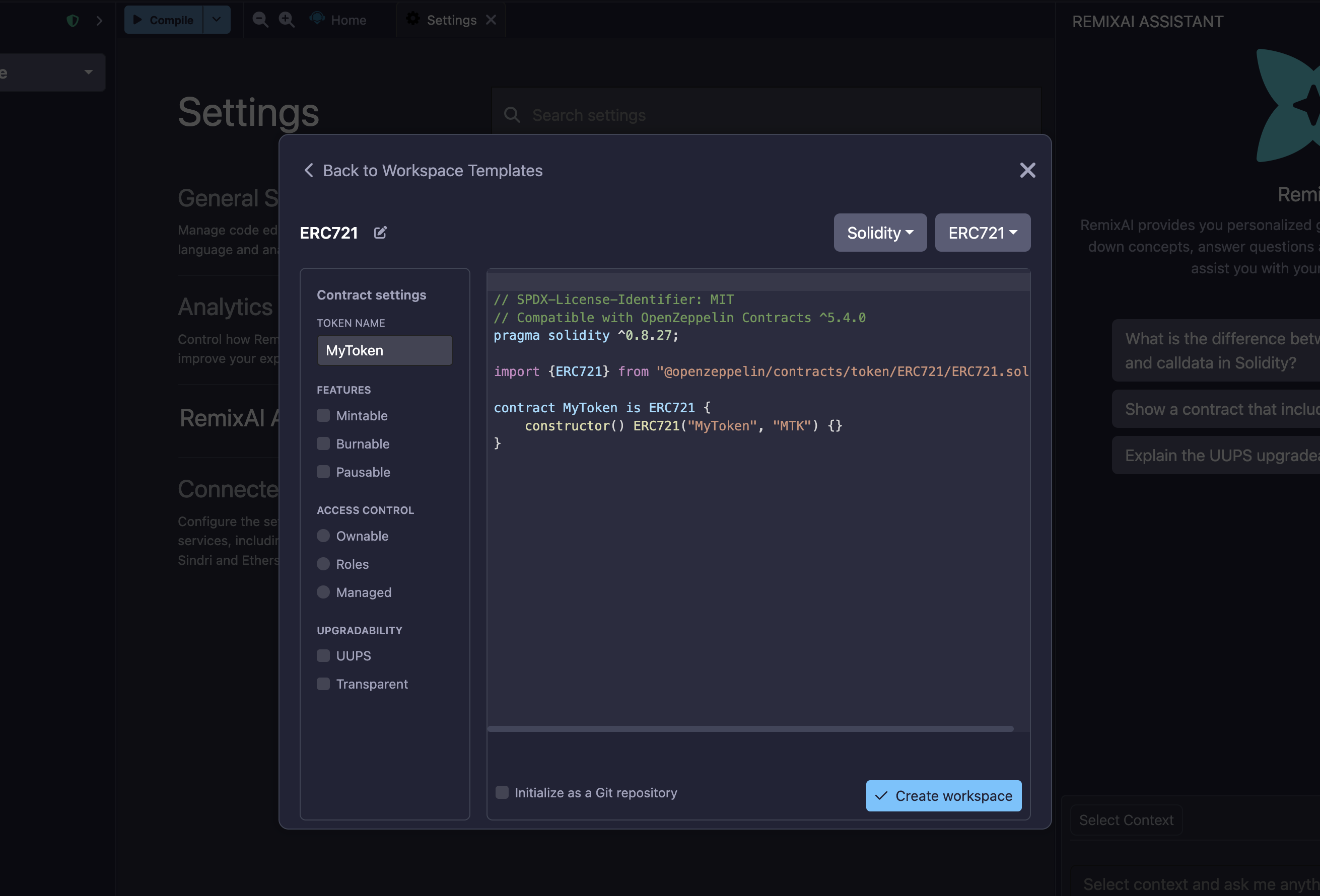 OpenZeppelin ERC721 contract template.