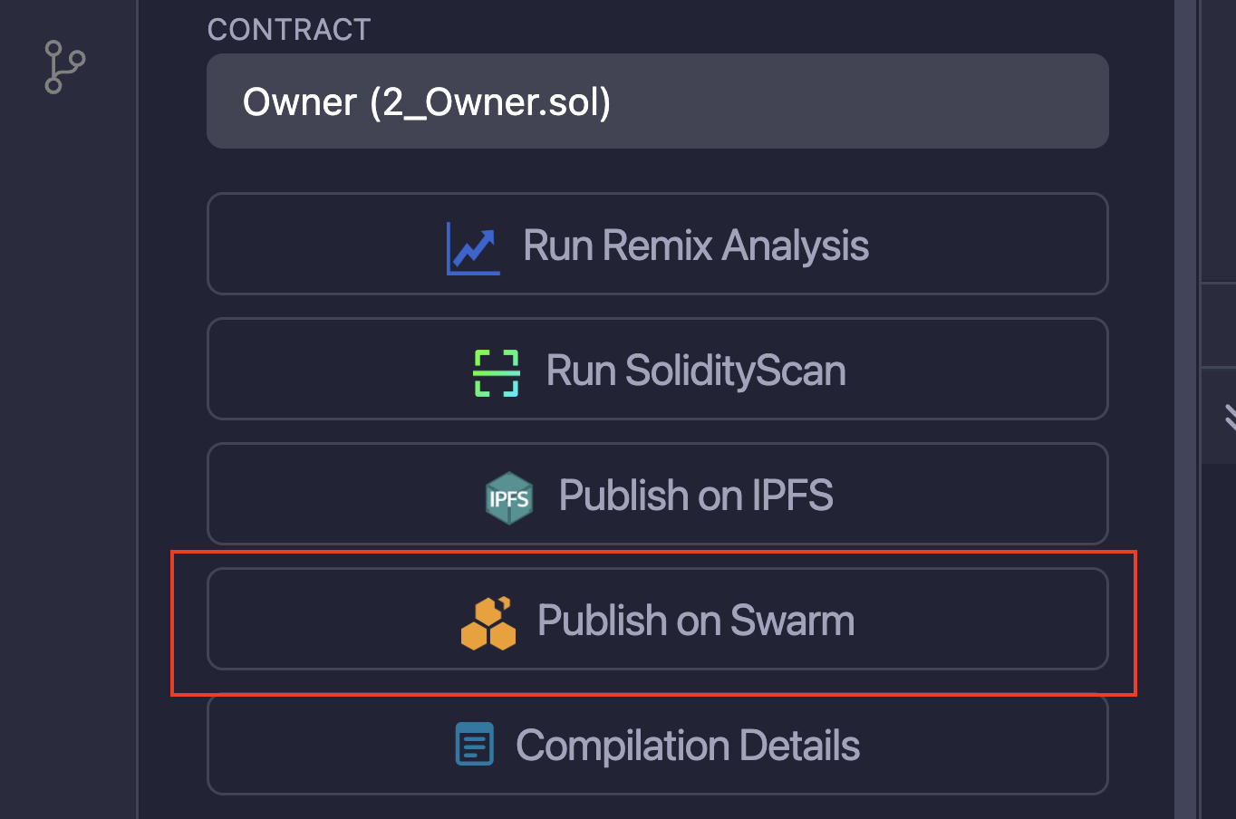 Remix Solidity Compiler highlighting Publish on Swarm.