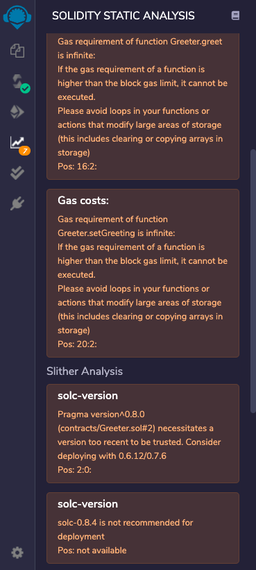 Slither analysis report in the Solidity Static Analysis plugin