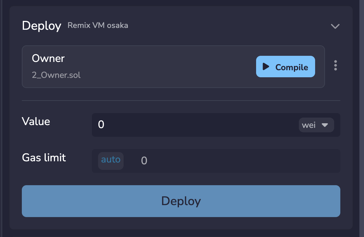 The Deploy tab showing the contract selector and Compile button.