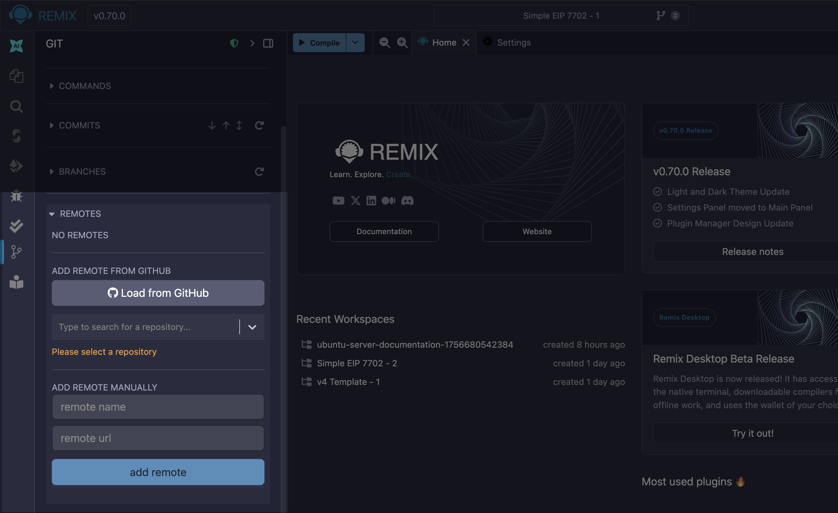Remix Git plugin highlighting the REMOTE tool.