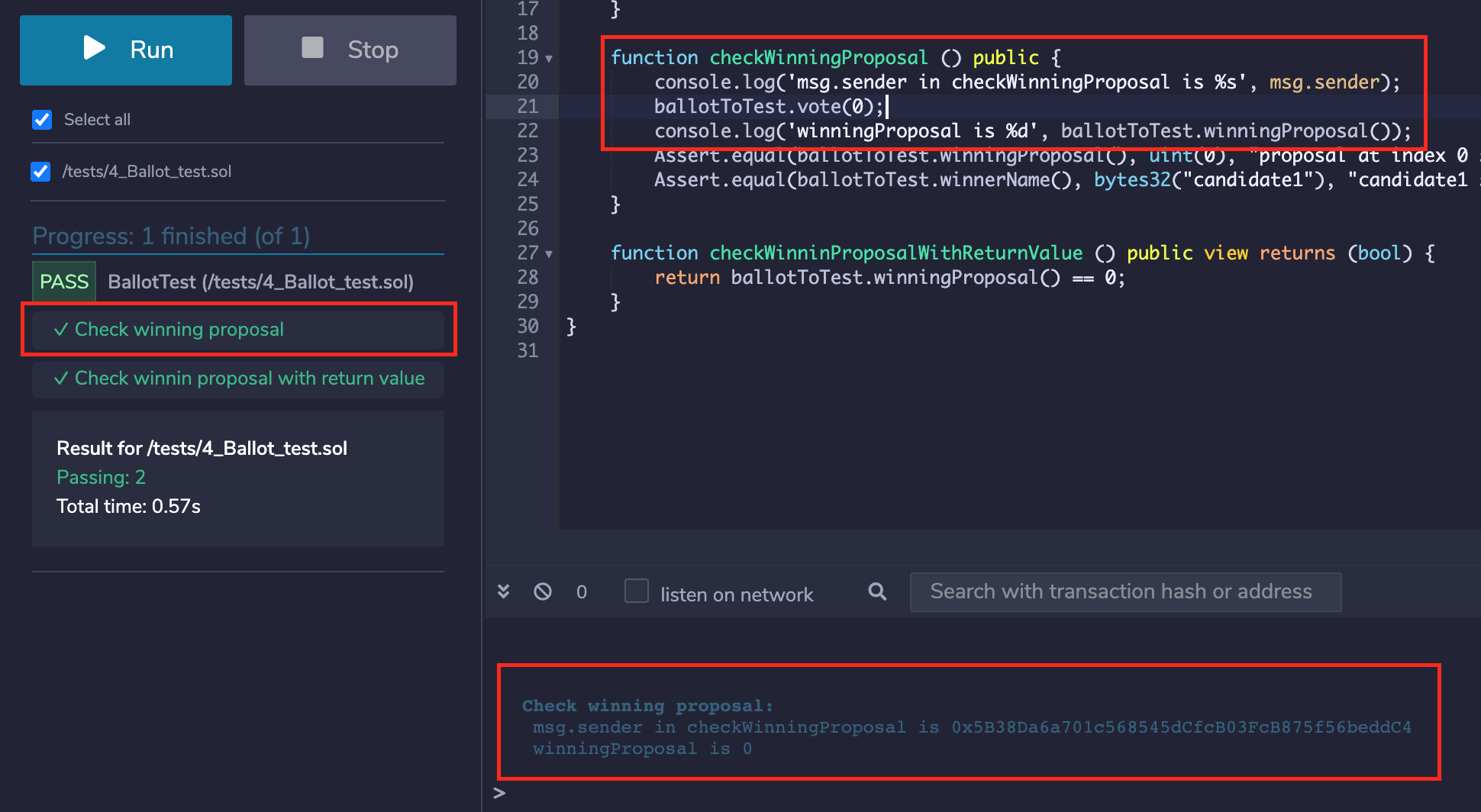Remix terminal showing console.log output from unit tests