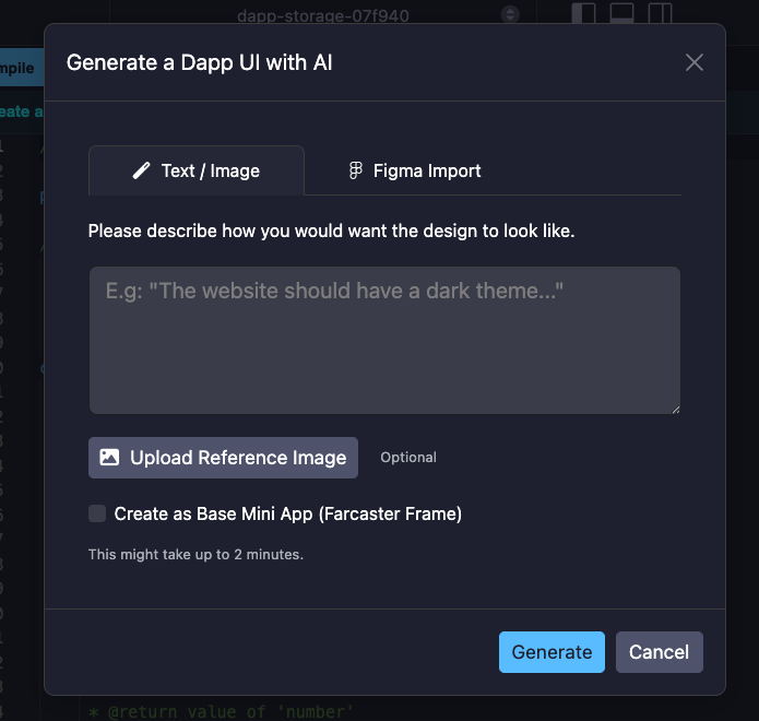 QuickDApp prompt modal for describing your dApp