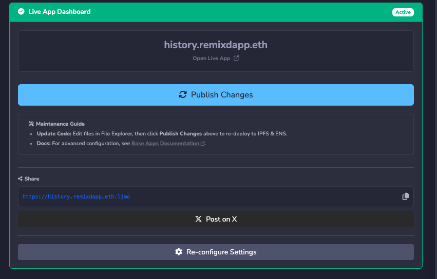 Successfully deployed dApp accessible on the Base app