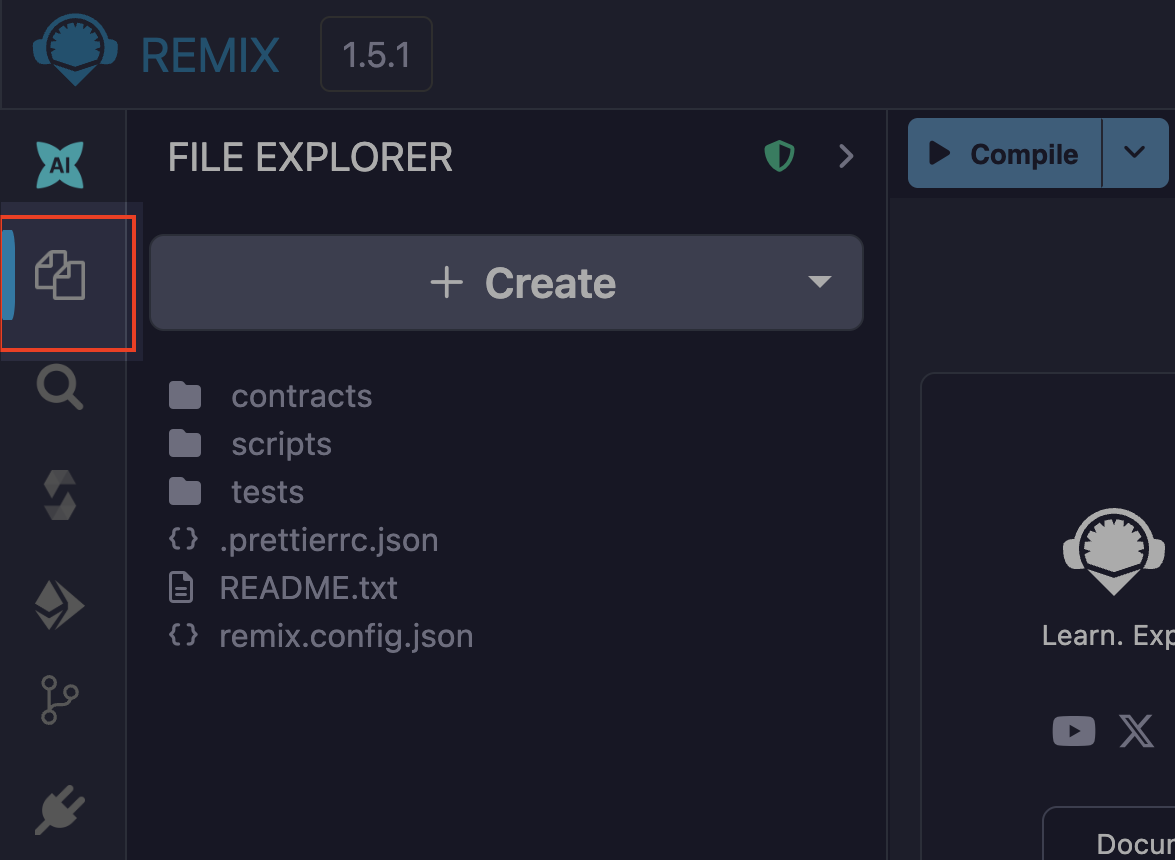 Remix Side Panel showing the File Explorer and the Icon Panel highlighting the File Explorer icon.