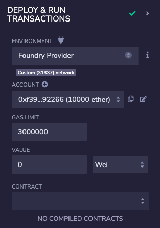 Remix IDE connected to Foundry Provider showing loaded accounts