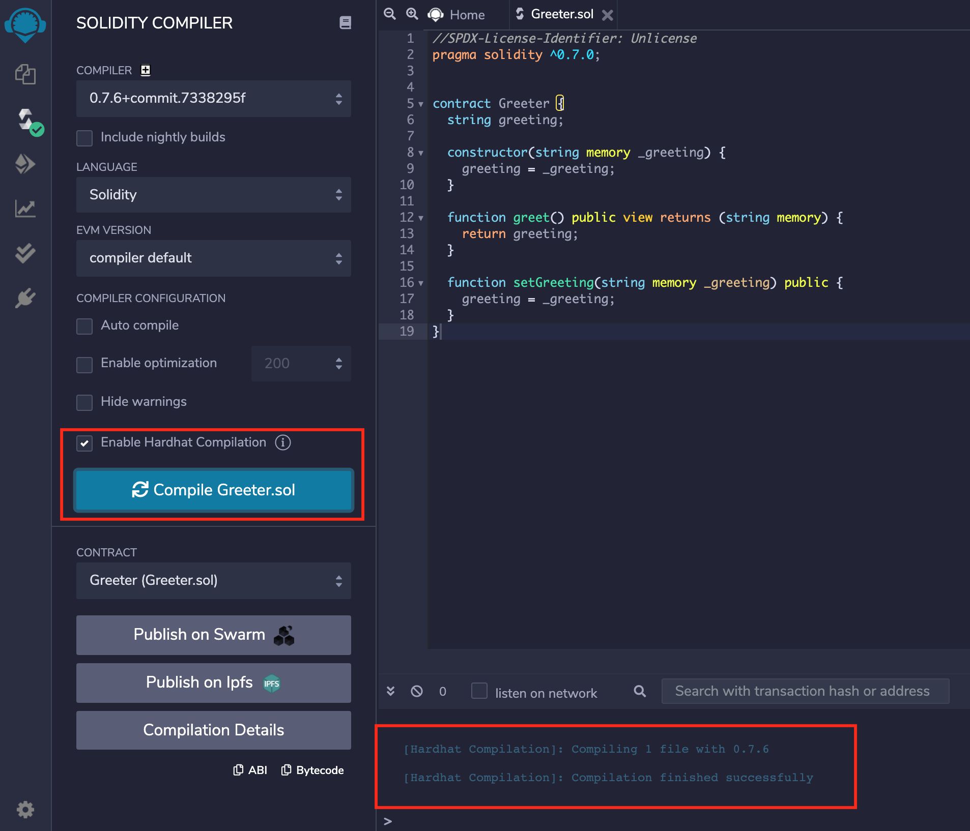 Successful Hardhat compilation output in Remix IDE terminal