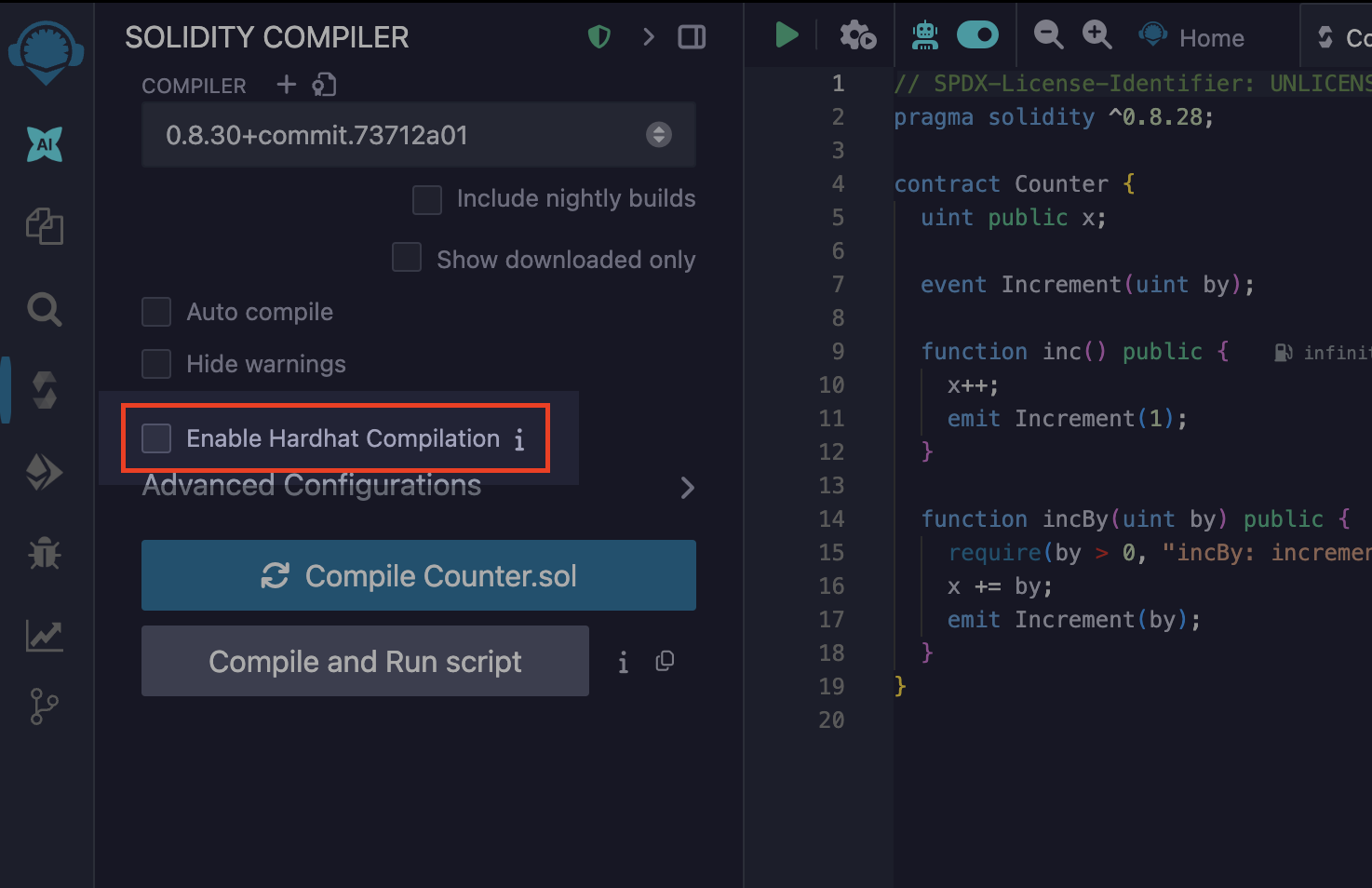 Enable Hardhat Compilation checkbox in the Solidity Compiler plugin