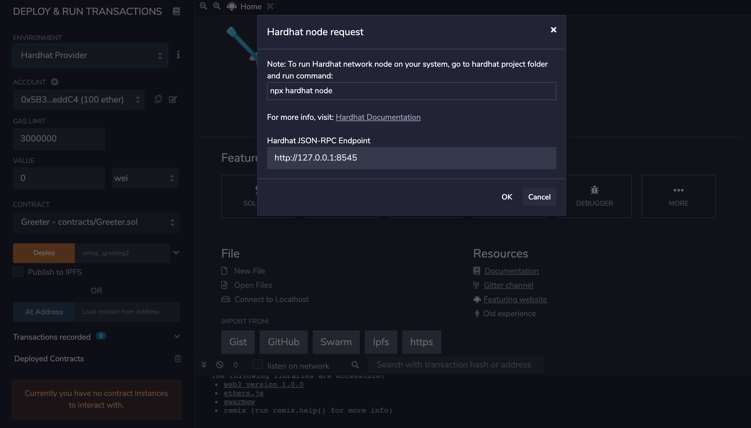 Modal prompting for the Hardhat JSON-RPC Endpoint
