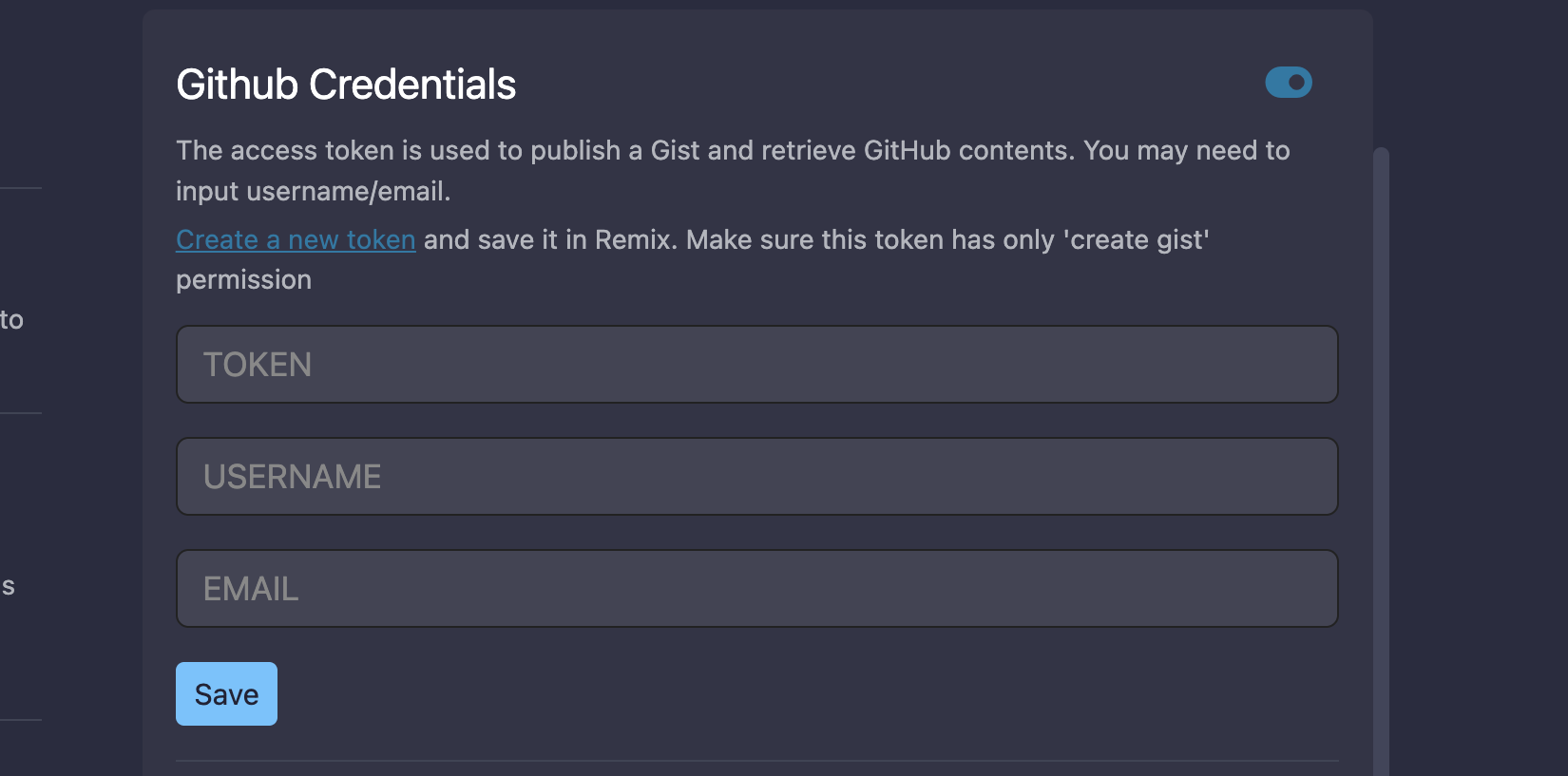 Remix GitHub Credentials page.