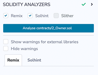 Solidity Analyzers panel with tool selection checkboxes