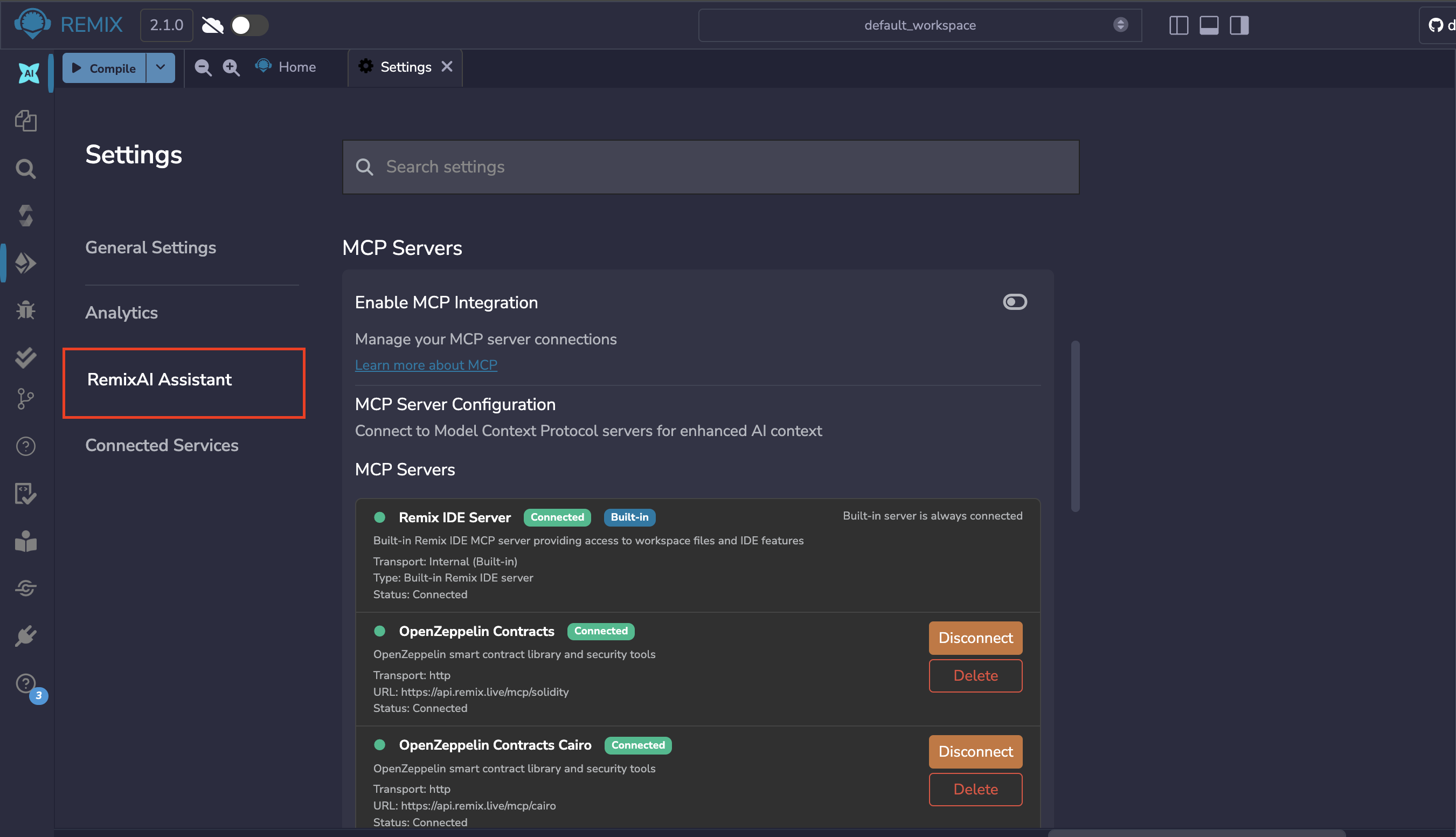 Remix MCP Connected Services panel
