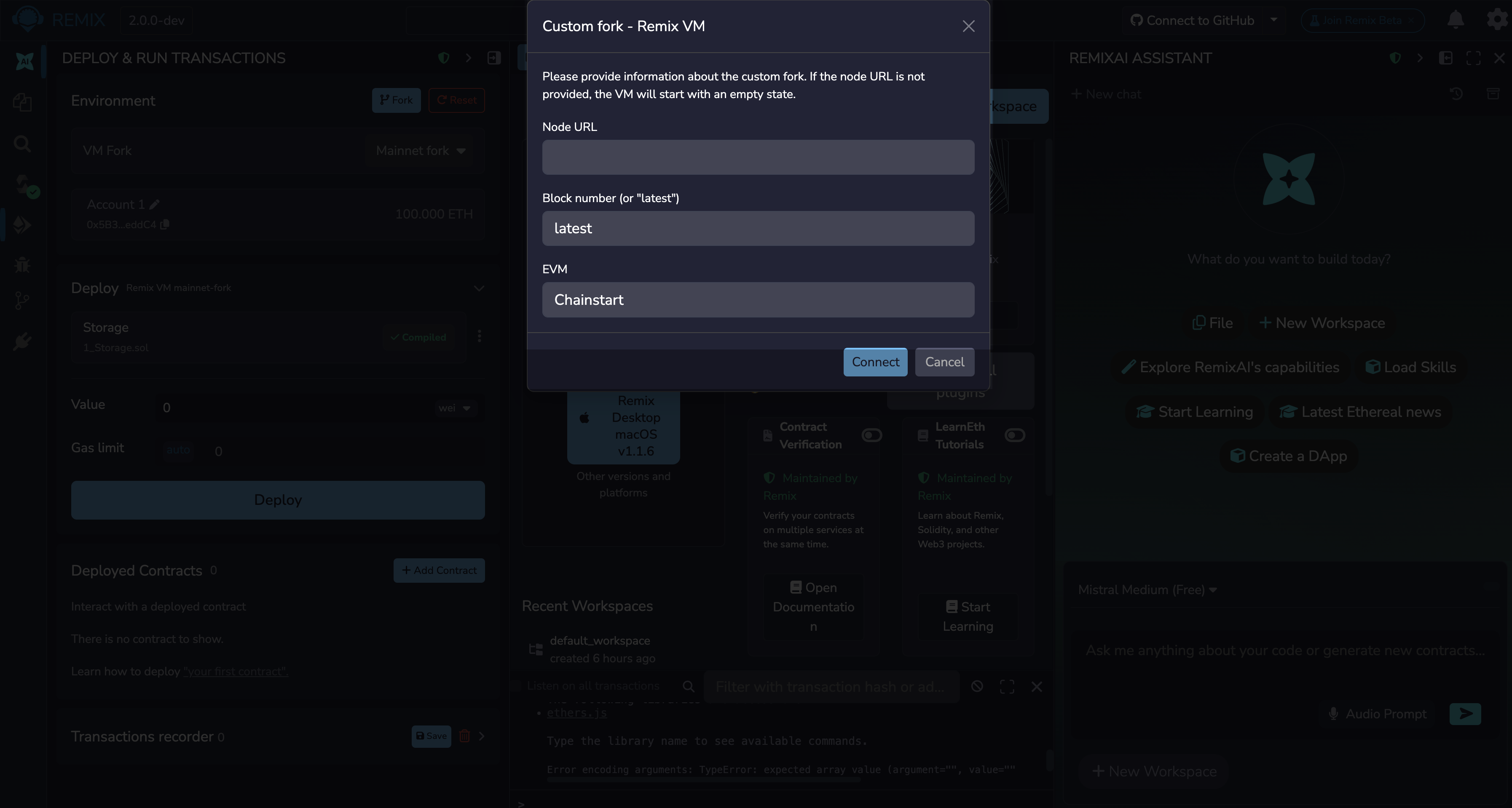 The Custom Fork modal showing fields for Node URL, block number, and EVM version.