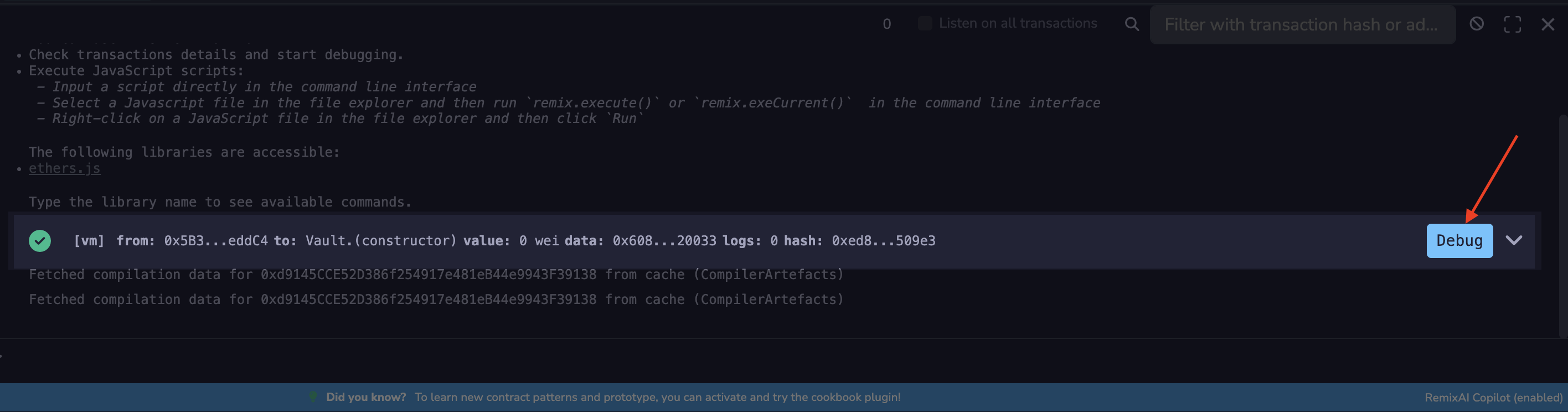 Debug button in the Remix terminal next to a transaction log entry