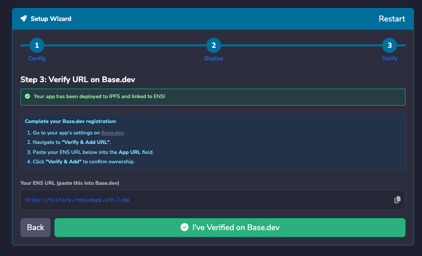 Deployed dApp URL ending in .limo in the setup wizard