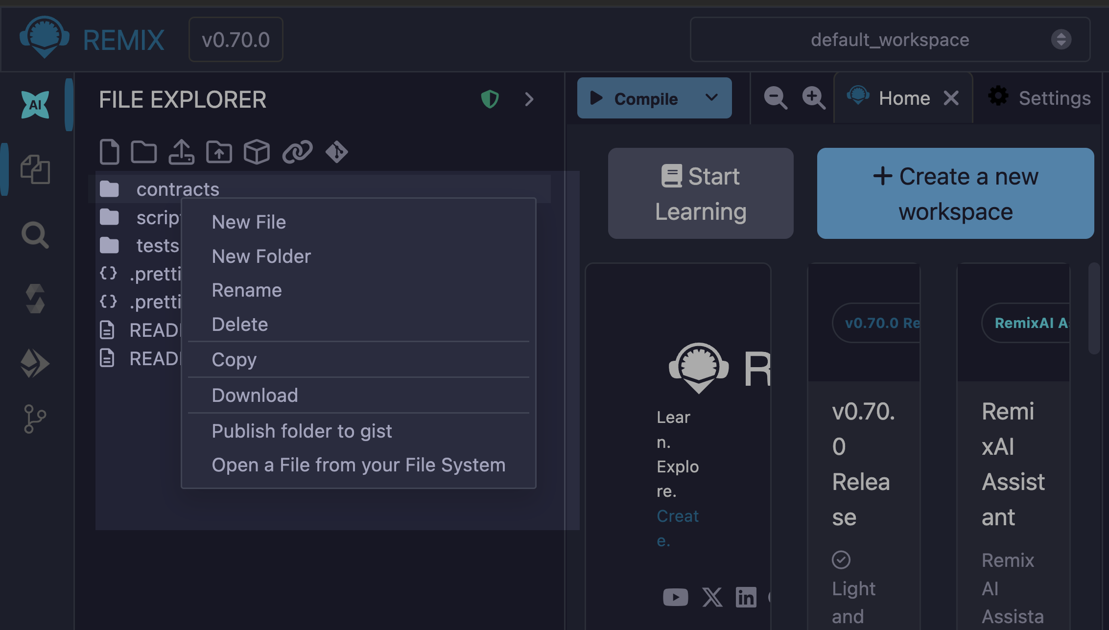 Remix IDE File Explorer dropdown.
