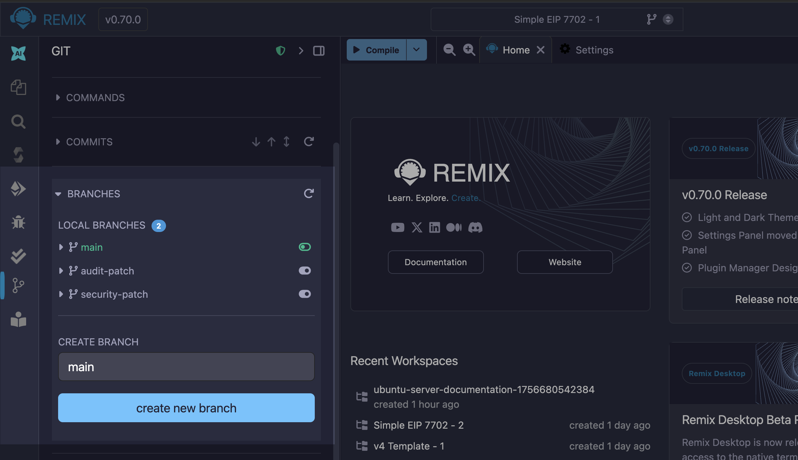 Remix Git plugin showing multiple branches