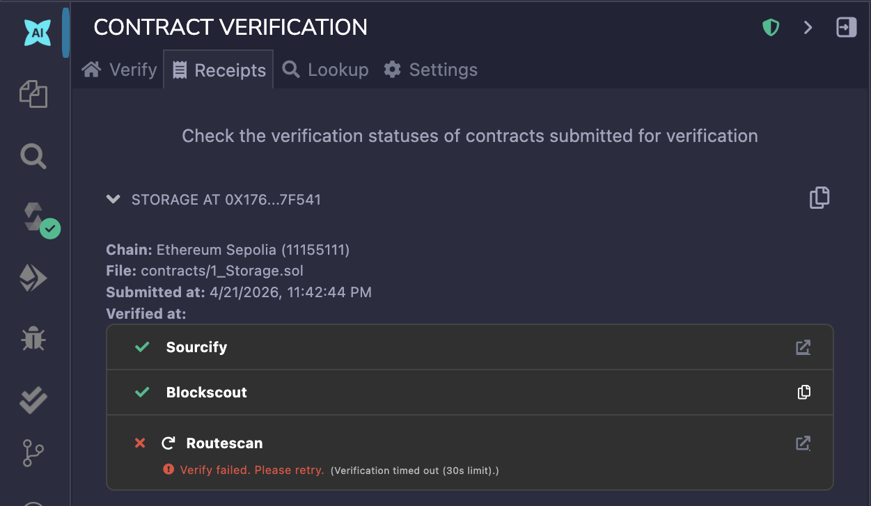 Contract verification receipts page with the Receipts bar highlighted.