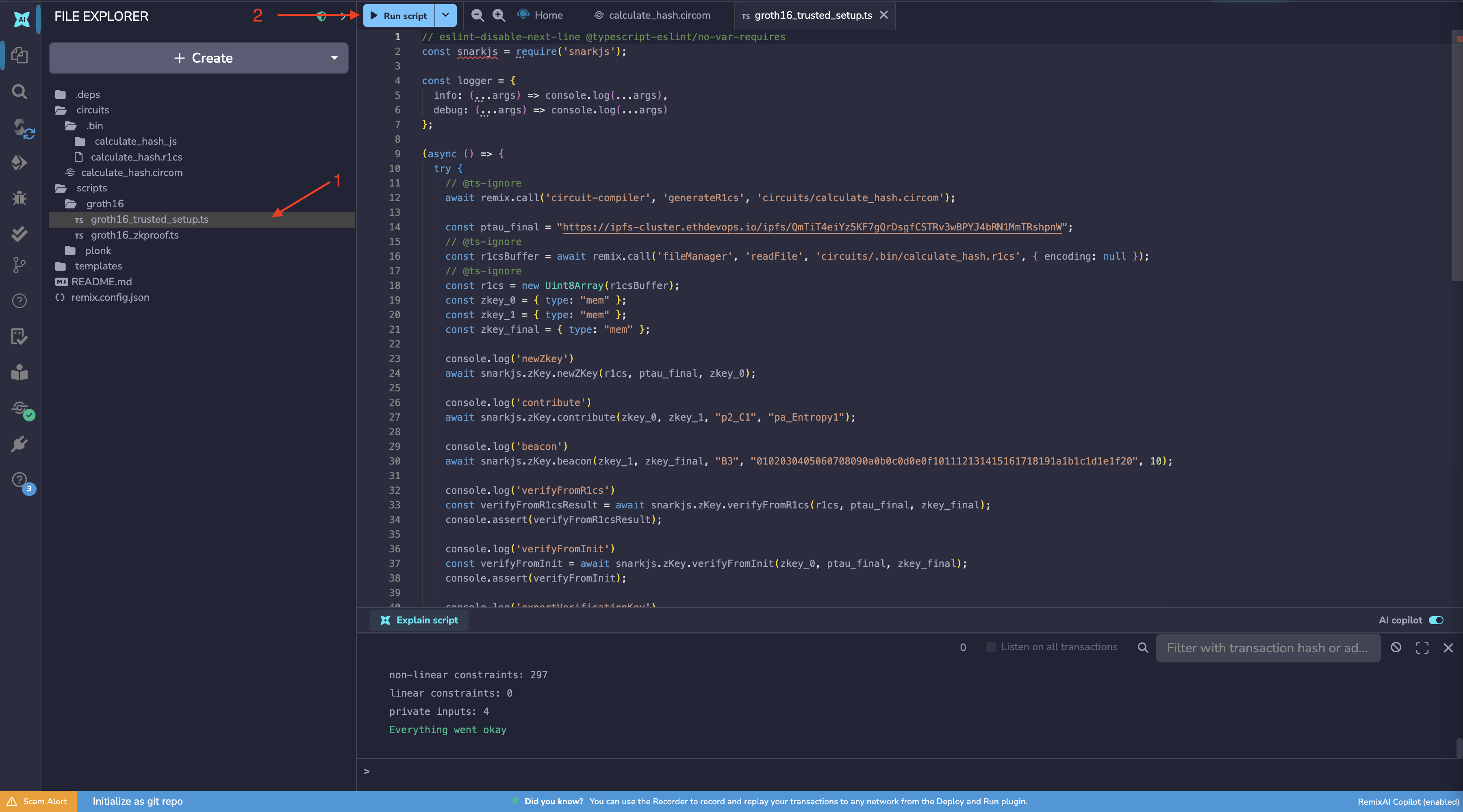 Setup script in the Remix editor