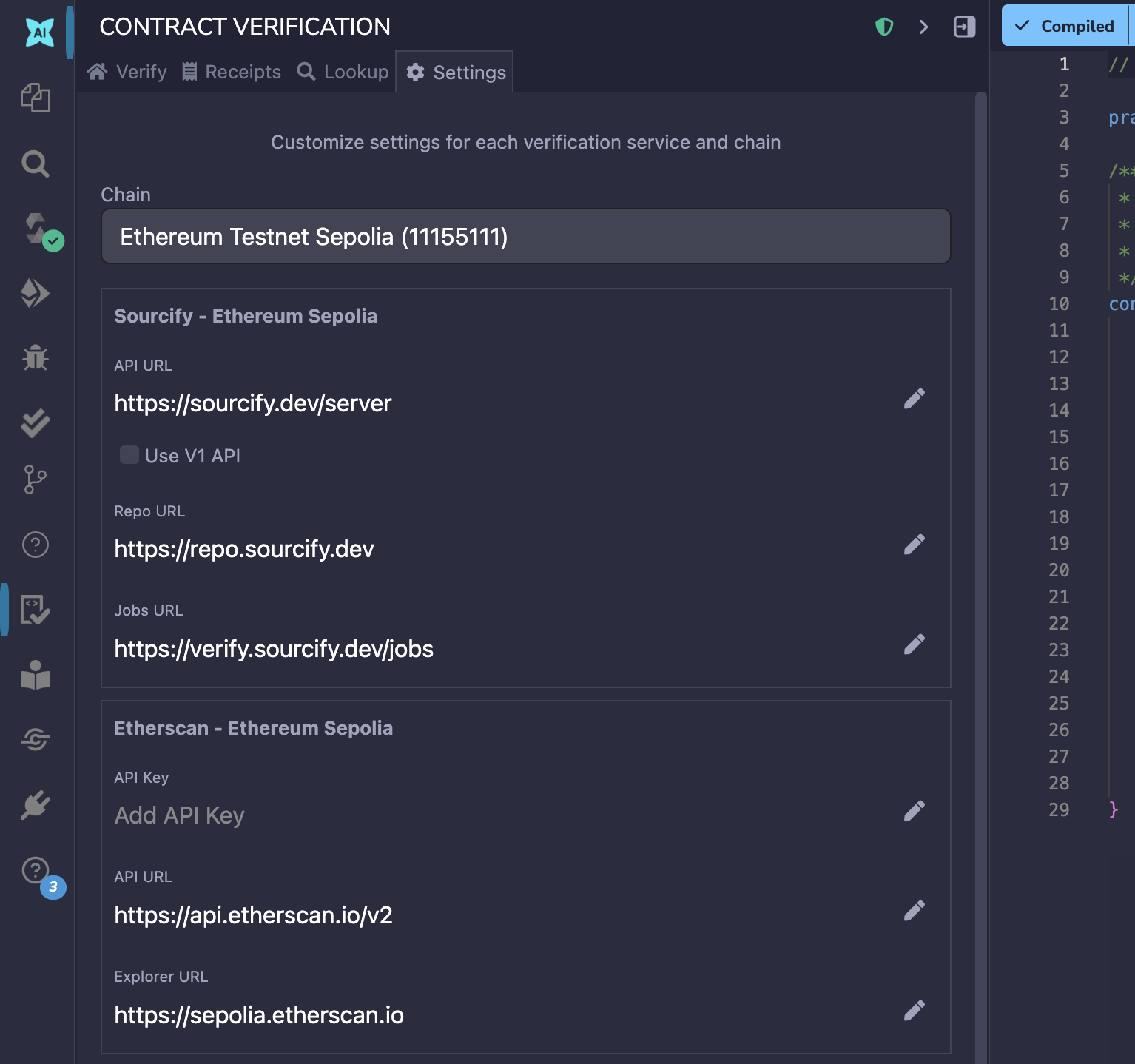 Contract verification settings page with the Settings bar highlighted.