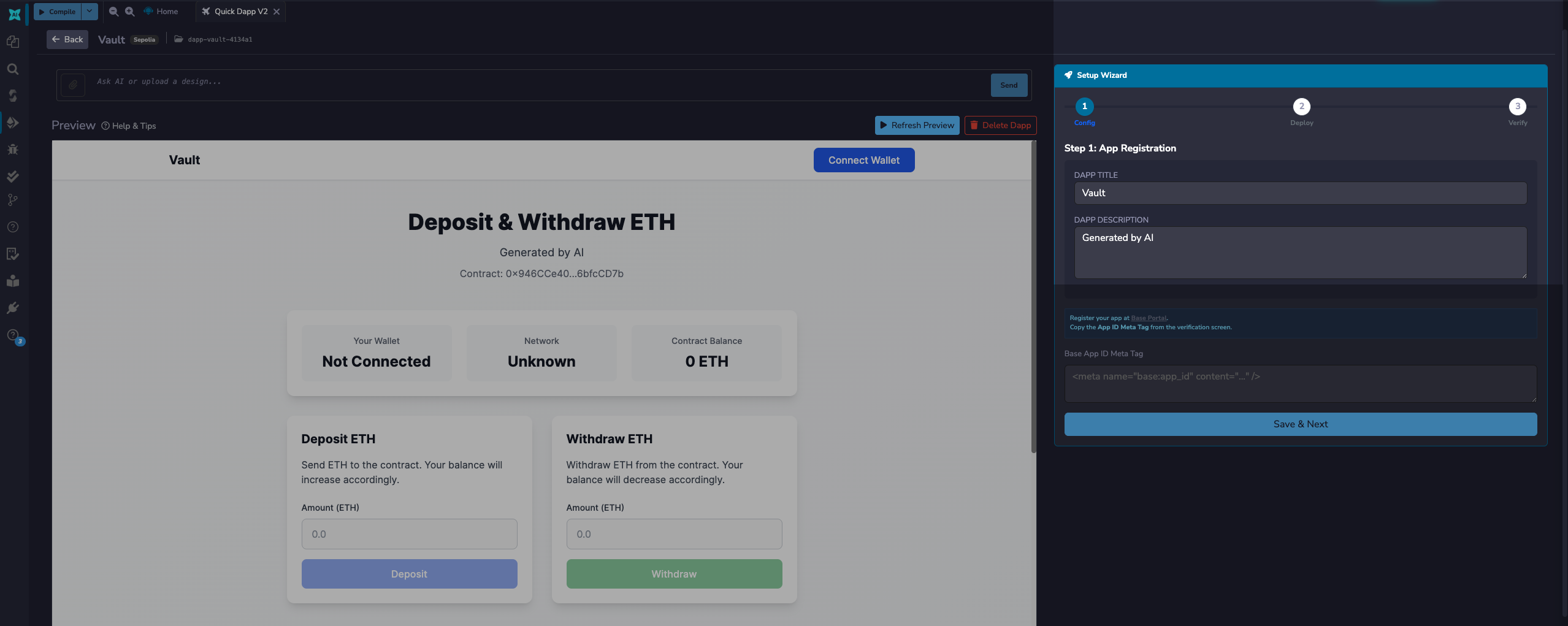 Base mini app setup wizard in the QuickDApp preview page